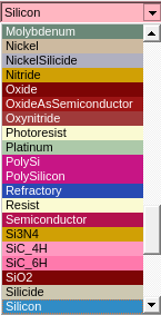 Material list showing available materials