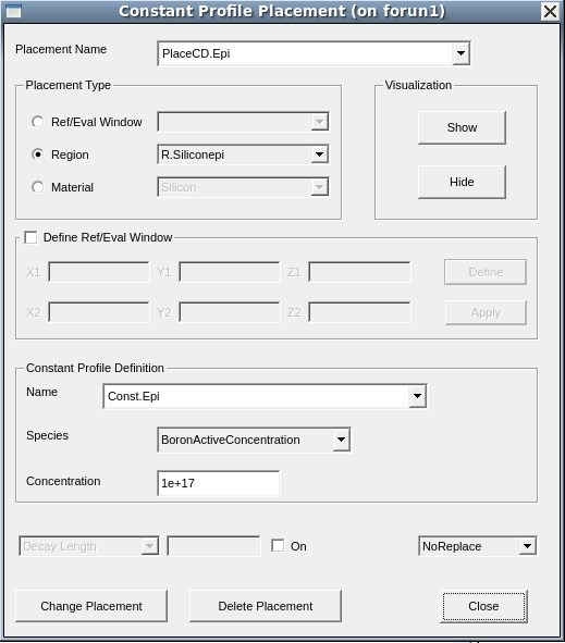 Constant Profile Placement dialog box