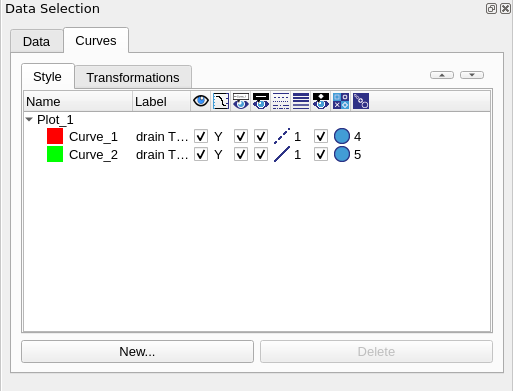 Curves tab of Data Selection panel