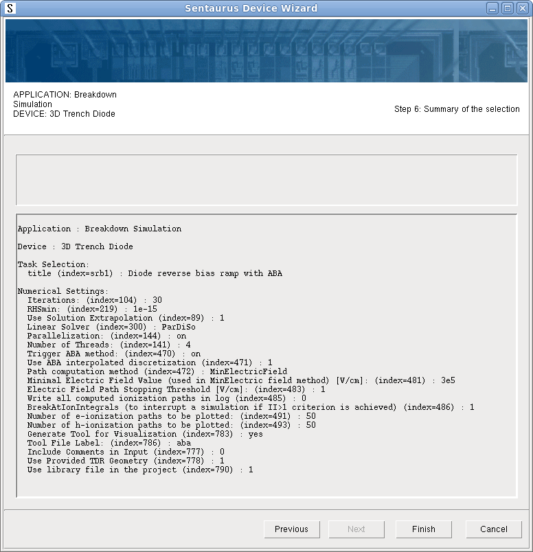 Selection summary in Sentaurus Device Wizard